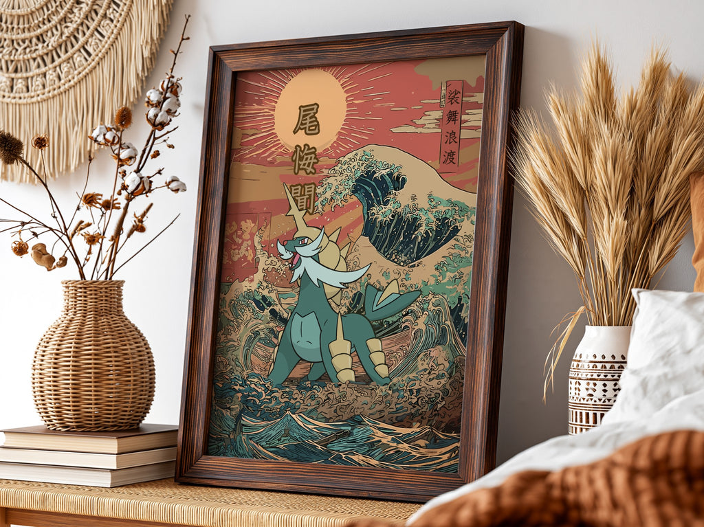 Framed Samurott poster with Japanese wave, warm reds and blues, Ukiyo-e style artwork