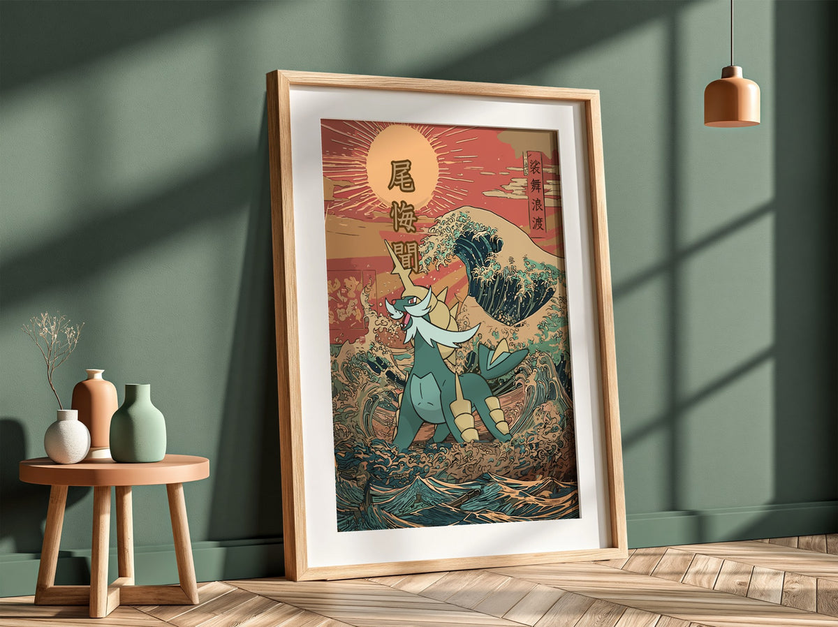 Framed Samurott poster with Japanese wave, warm reds and blues, Ukiyo-e style artwork