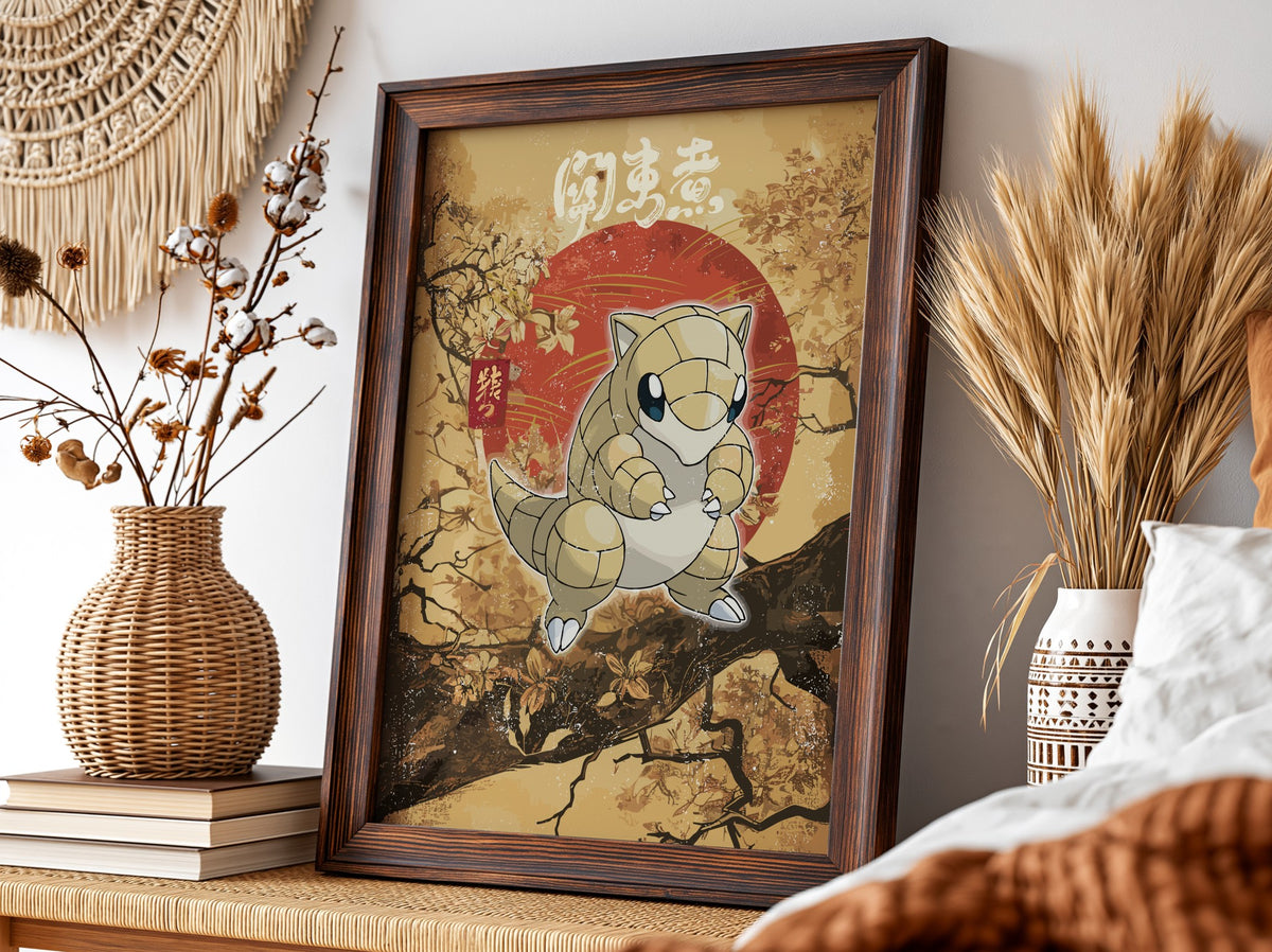 Sandshrew Japanese poster with warm beige and red tones featuring stylized Sandshrew and autumn branches