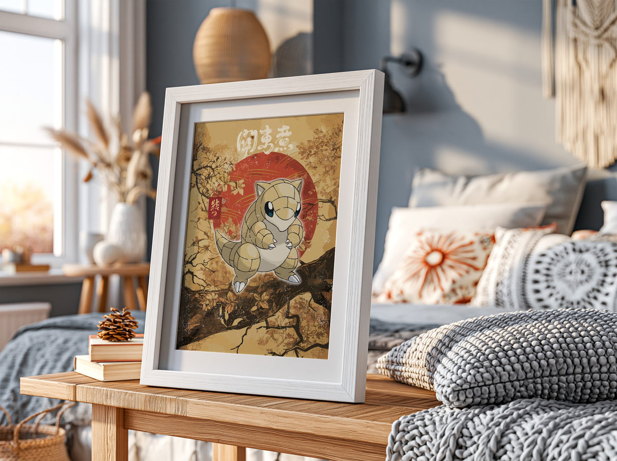 Sandshrew Japanese poster with warm beige and red tones featuring stylized Sandshrew and autumn branches