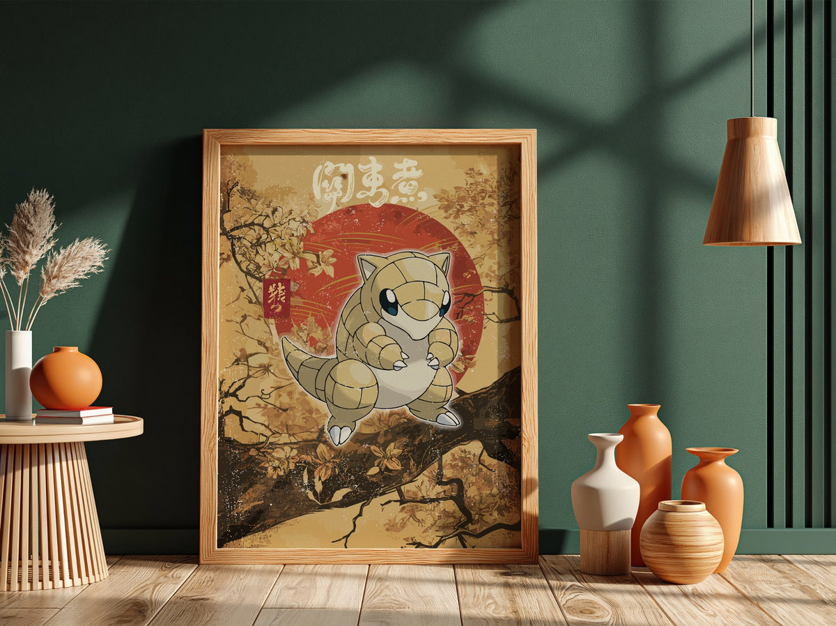 Sandshrew Japanese poster with warm beige and red tones featuring stylized Sandshrew and autumn branches