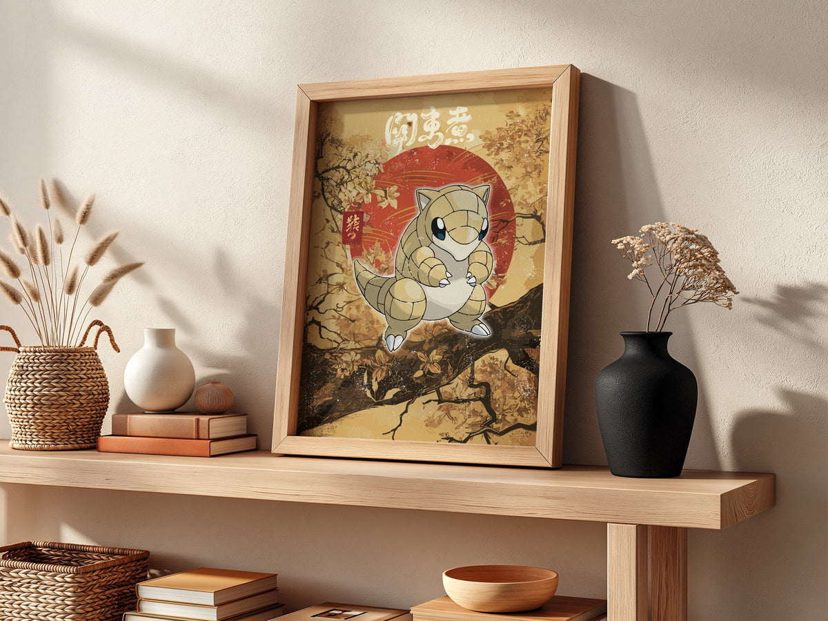 Sandshrew Japanese poster with warm beige and red tones featuring stylized Sandshrew and autumn branches