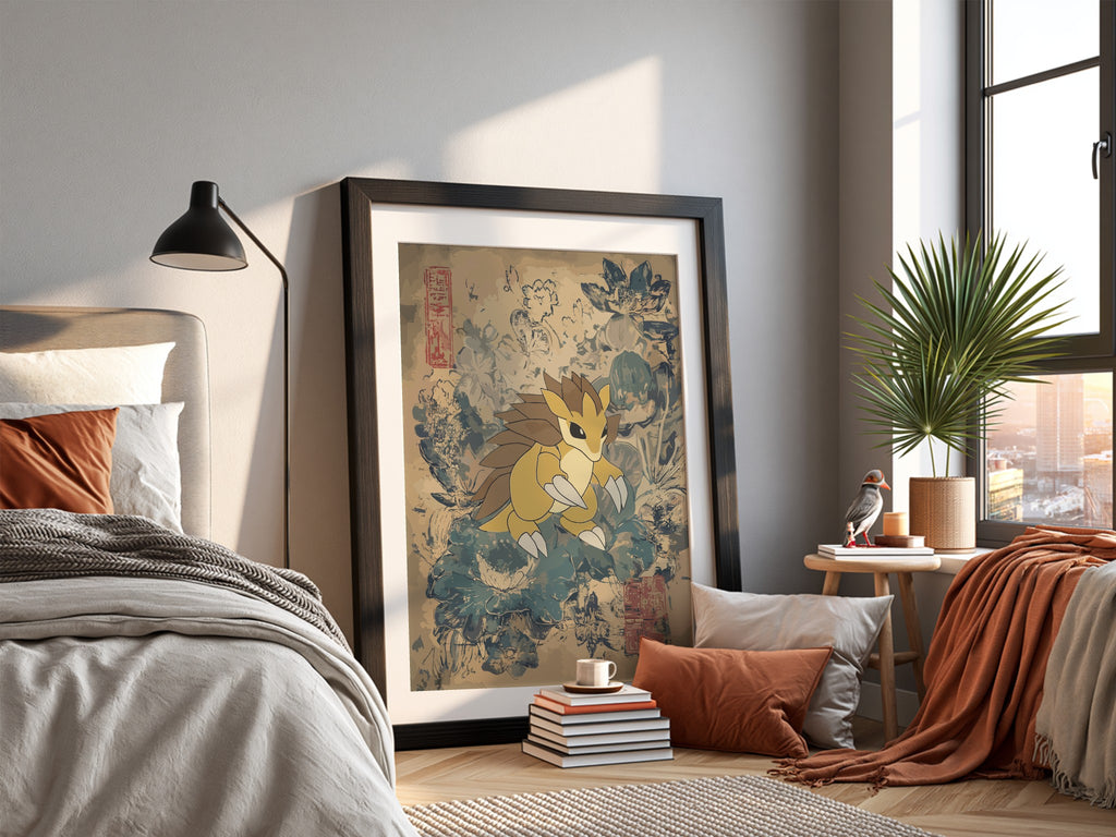 Sandslash illustration poster with muted beige and blue vintage botanical background in modern style