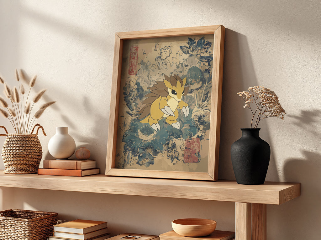 Sandslash illustration poster with muted beige and blue vintage botanical background in modern style