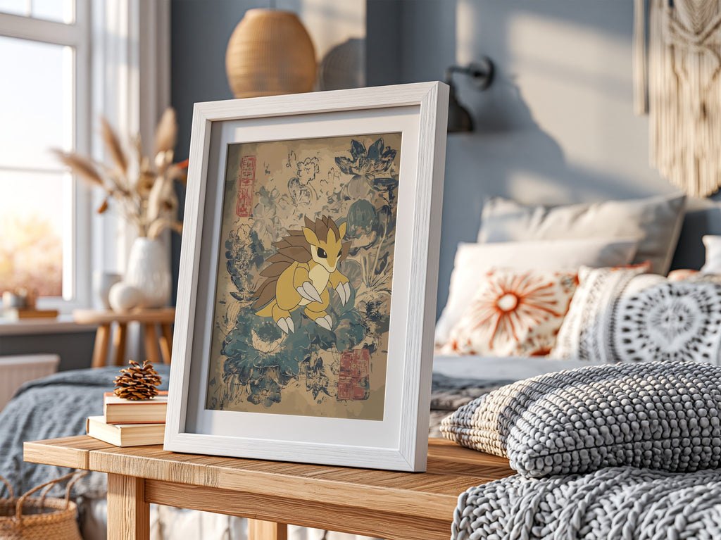 Sandslash illustration poster with muted beige and blue vintage botanical background in modern style
