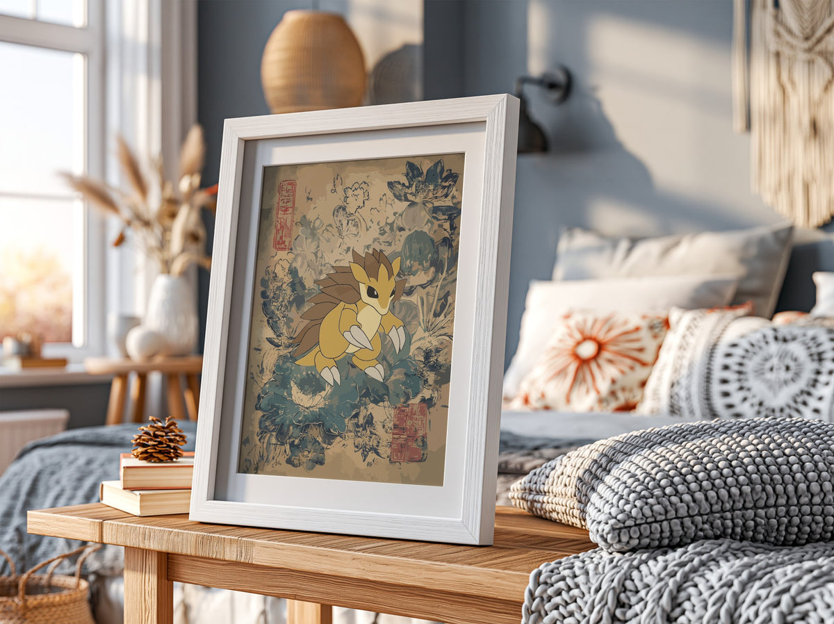 Sandslash illustration poster with muted beige and blue vintage botanical background in modern style
