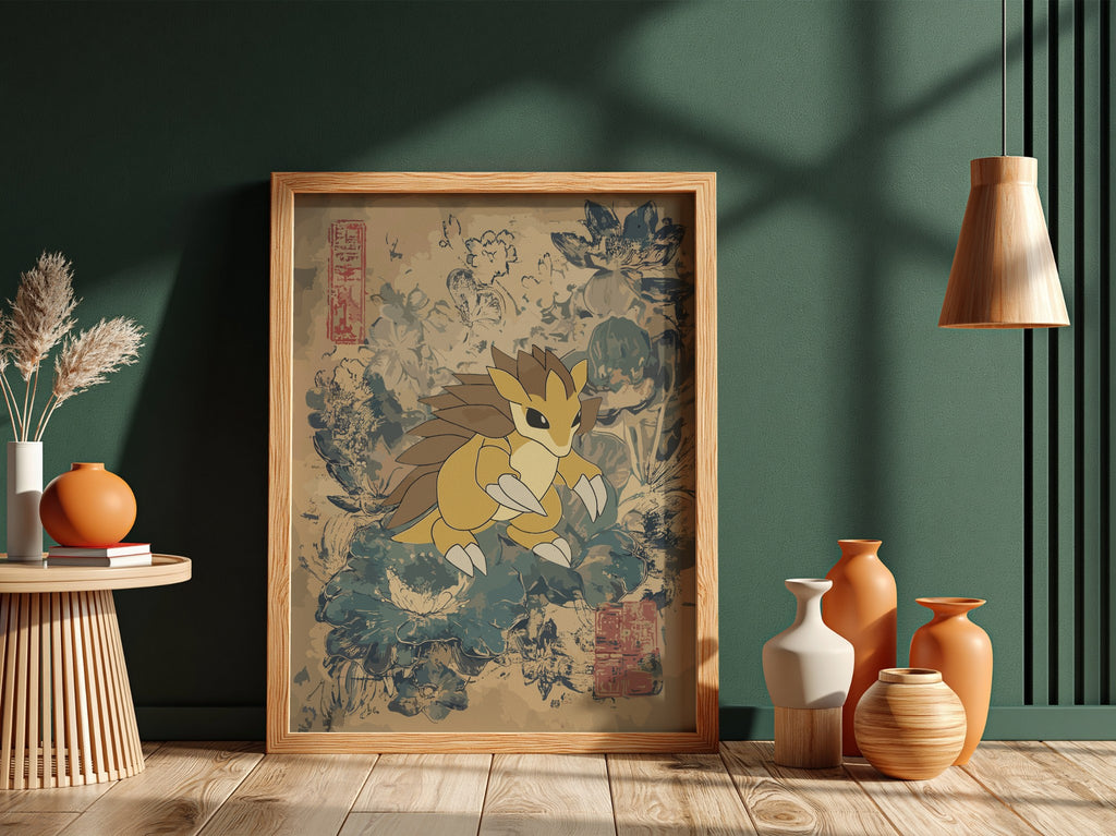 Sandslash illustration poster with muted beige and blue vintage botanical background in modern style