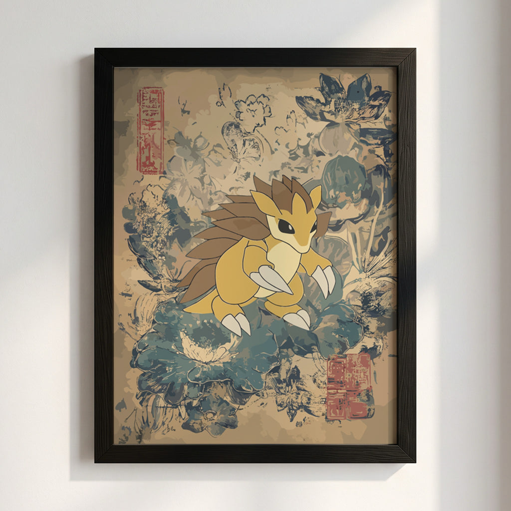 Sandslash illustration poster with muted beige and blue vintage botanical background in modern style