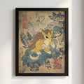 Sandslash illustration poster with muted beige and blue vintage botanical background in modern style