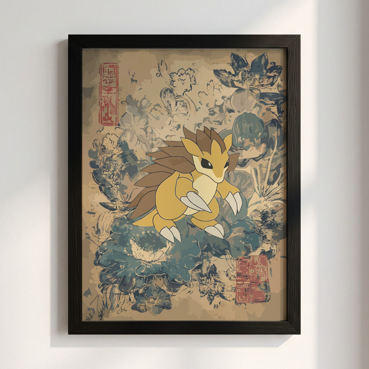 Sandslash illustration poster with muted beige and blue vintage botanical background in modern style