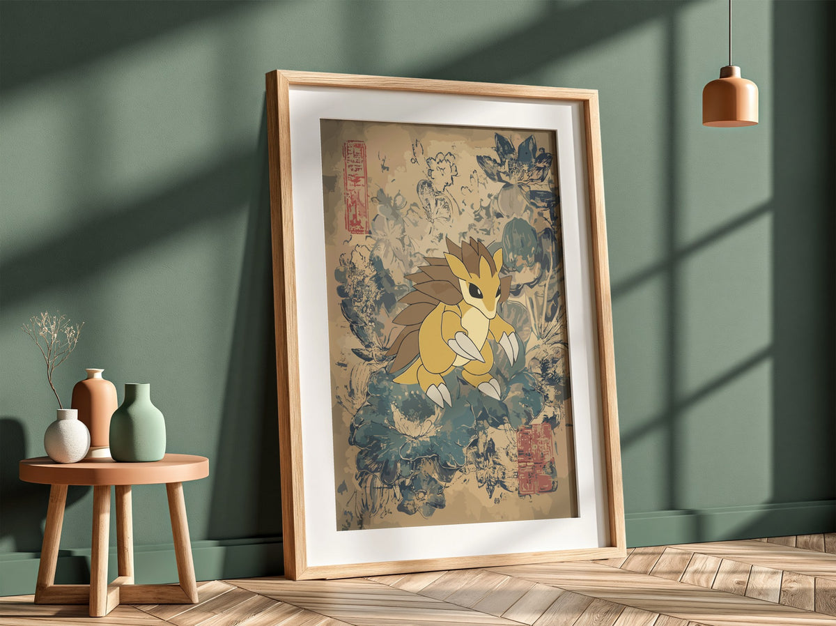 Sandslash illustration poster with muted beige and blue vintage botanical background in modern style