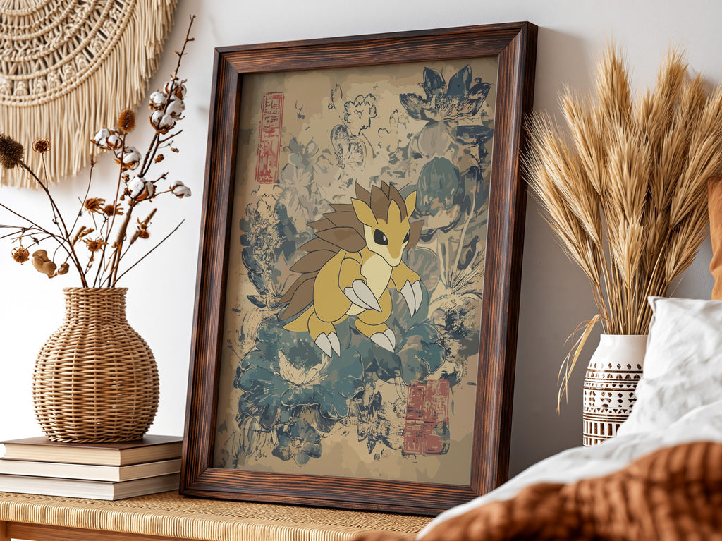 Sandslash illustration poster with muted beige and blue vintage botanical background in modern style