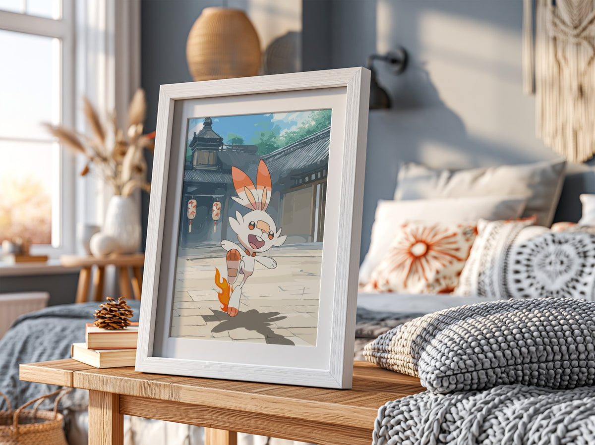 Poster featuring Scorbunny Pokémon with orange flames and Japanese courtyard background