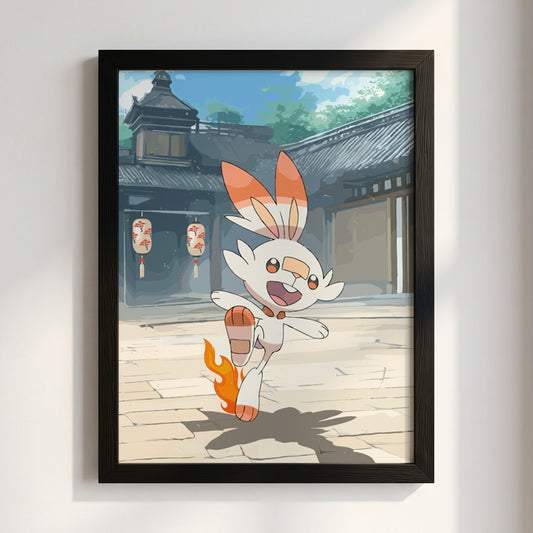 Poster featuring Scorbunny Pokémon with orange flames and Japanese courtyard background