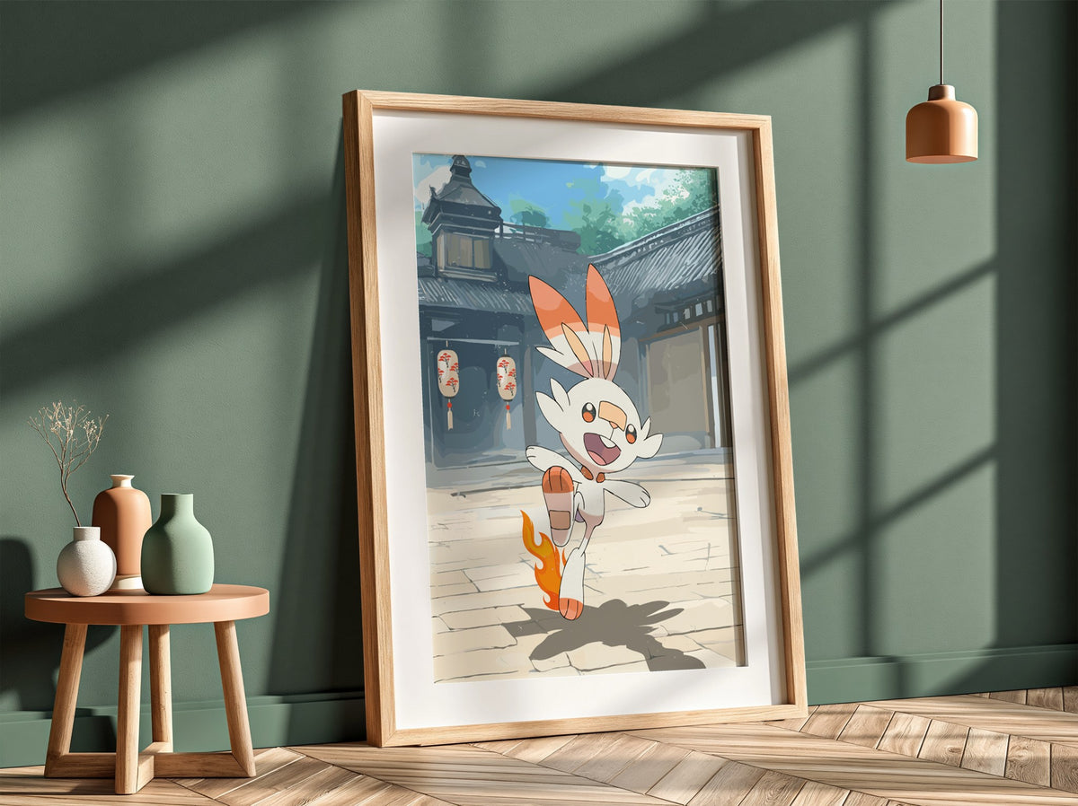 Poster featuring Scorbunny Pokémon with orange flames and Japanese courtyard background
