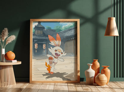 Poster featuring Scorbunny Pokémon with orange flames and Japanese courtyard background