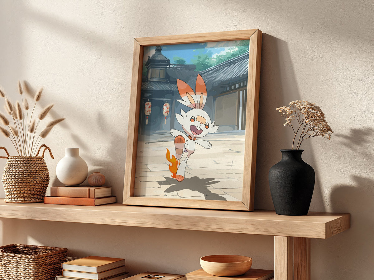 Poster featuring Scorbunny Pokémon with orange flames and Japanese courtyard background