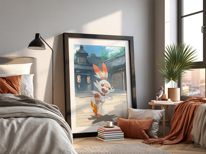 Poster featuring Scorbunny Pokémon with orange flames and Japanese courtyard background