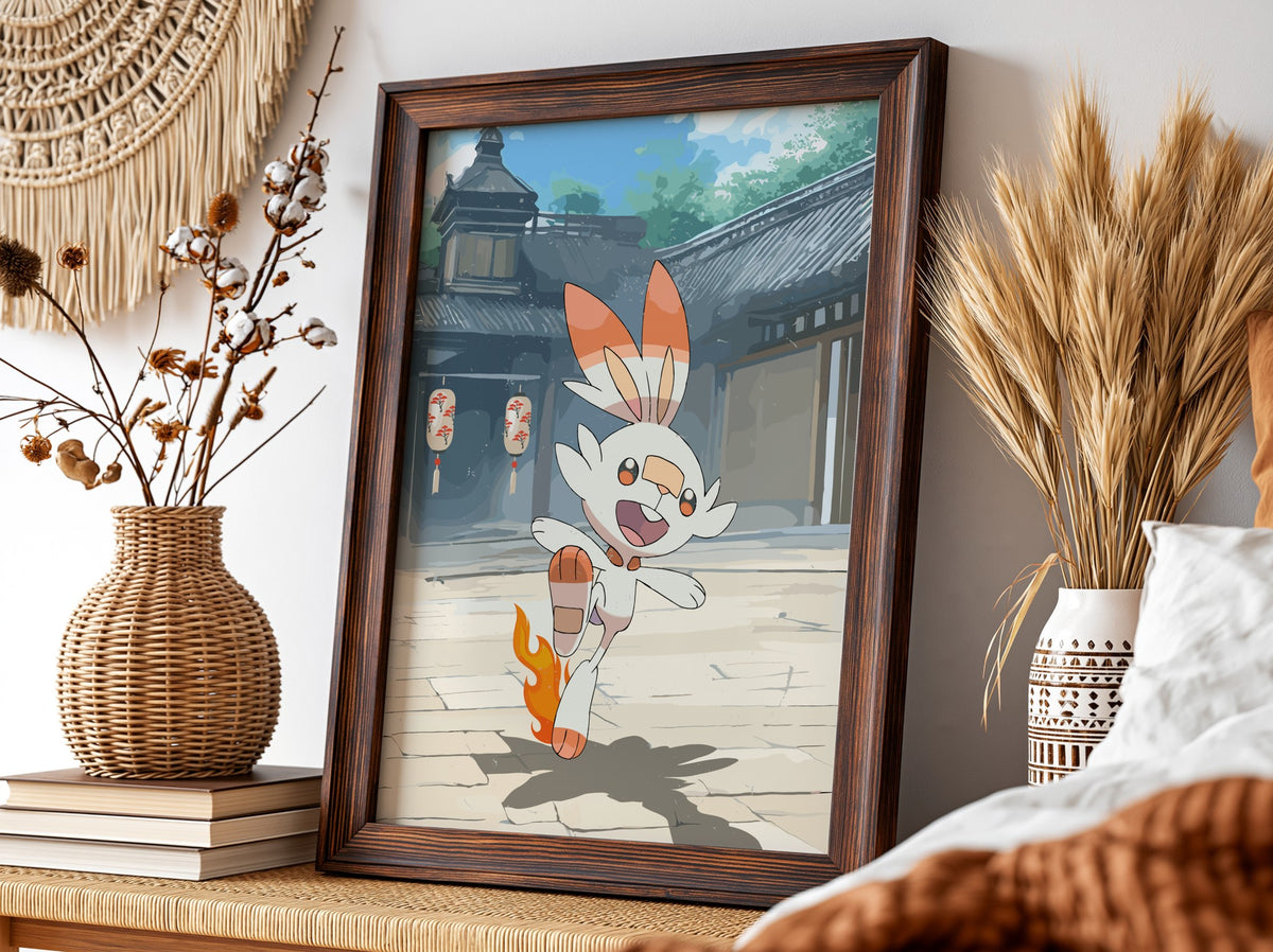 Poster featuring Scorbunny Pokémon with orange flames and Japanese courtyard background