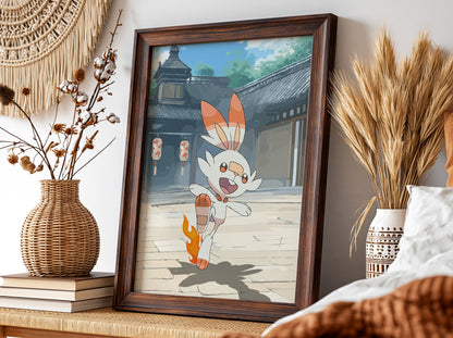 Poster featuring Scorbunny Pokémon with orange flames and Japanese courtyard background