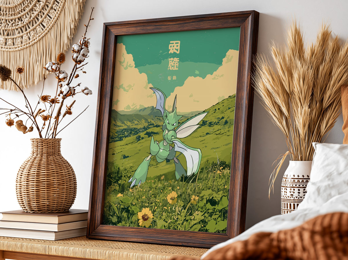 Poster of Scyther Pokémon in green landscape with muted yellows and Japanese text