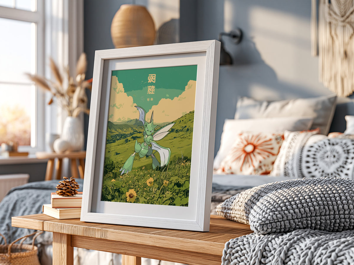 Poster of Scyther Pokémon in green landscape with muted yellows and Japanese text