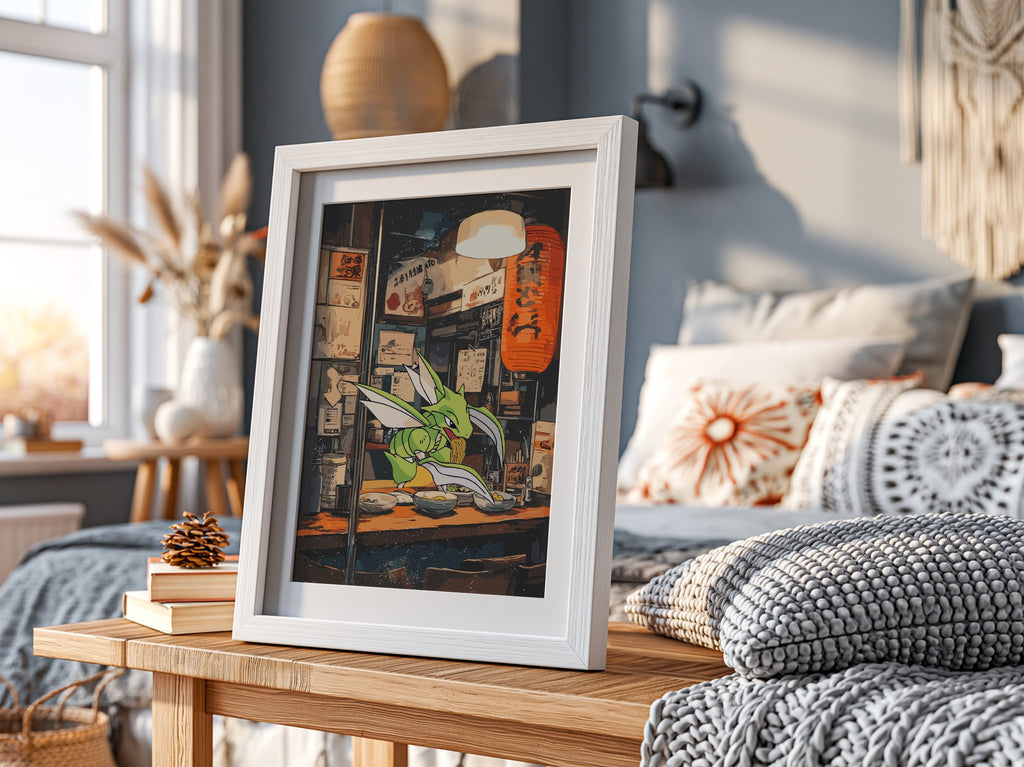 Poster of Scyther Pokémon at ramen shop with warm orange lantern and cozy street scene