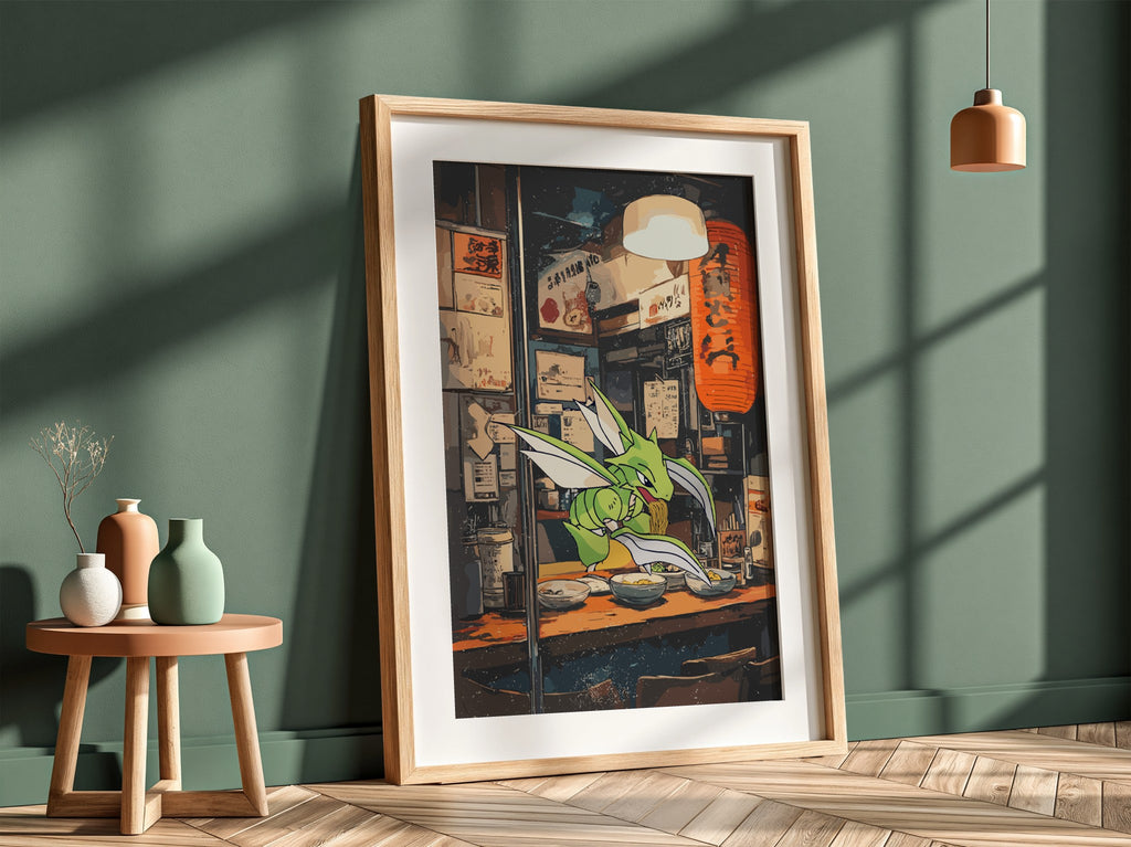 Poster of Scyther Pokémon at ramen shop with warm orange lantern and cozy street scene