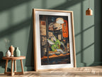 Poster of Scyther Pokémon at ramen shop with warm orange lantern and cozy street scene