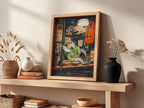 Poster of Scyther Pokémon at ramen shop with warm orange lantern and cozy street scene