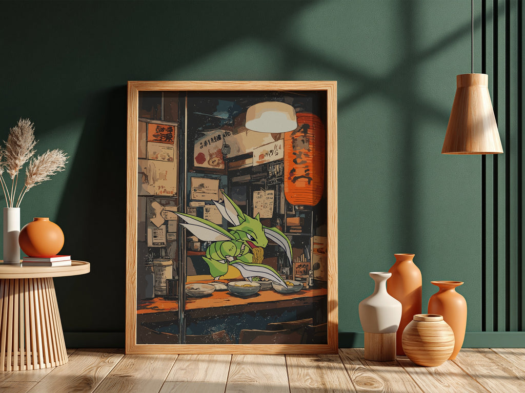 Poster of Scyther Pokémon at ramen shop with warm orange lantern and cozy street scene