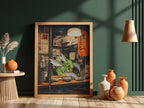 Poster of Scyther Pokémon at ramen shop with warm orange lantern and cozy street scene