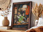 Poster of Scyther Pokémon at ramen shop with warm orange lantern and cozy street scene