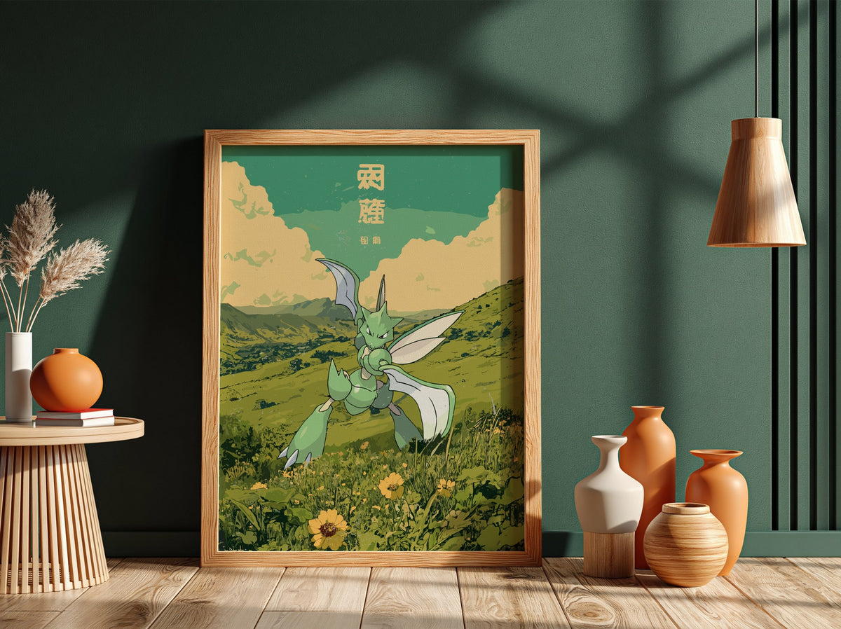 Poster of Scyther Pokémon in green landscape with muted yellows and Japanese text