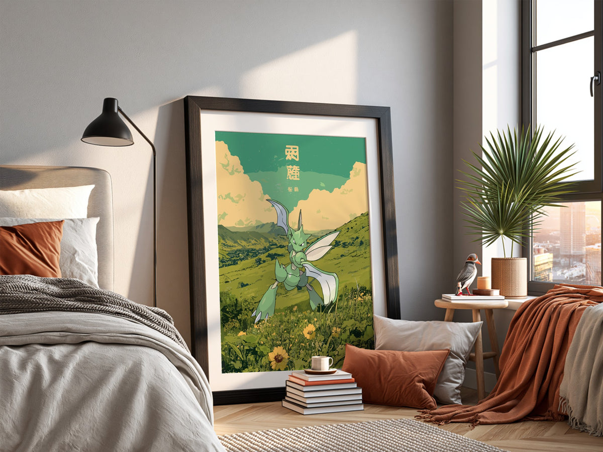 Poster of Scyther Pokémon in green landscape with muted yellows and Japanese text
