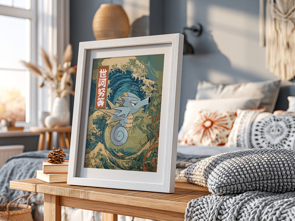 Seadra illustration poster with blue and green Japanese wave art and calligraphy style text