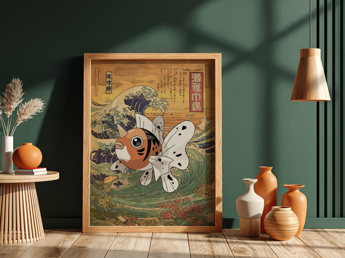 Seaking wall poster with vibrant orange fish against traditional Japanese wave background in warm earthy and