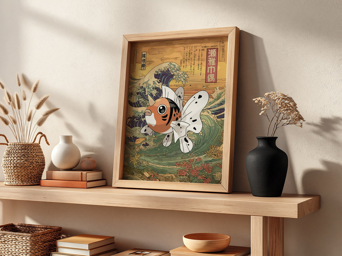 Seaking wall poster with vibrant orange fish against traditional Japanese wave background in warm earthy and