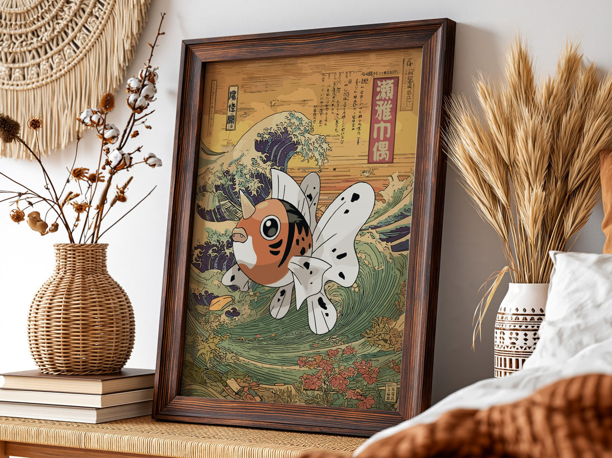 Seaking wall poster with vibrant orange fish against traditional Japanese wave background in warm earthy and