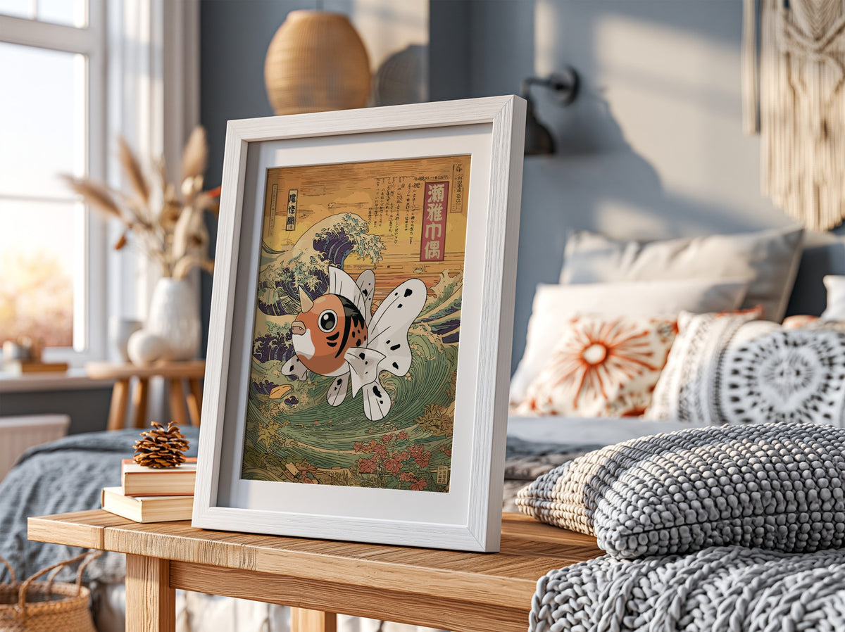 Seaking wall poster with vibrant orange fish against traditional Japanese wave background in warm earthy and