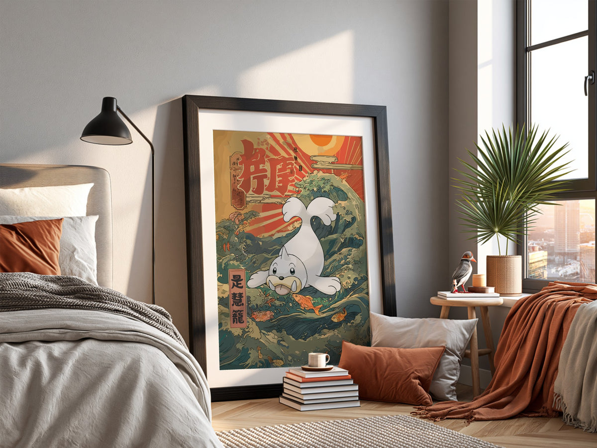 Seel poster with Japanese wave design in muted greens blues and reds featuring sun and fish