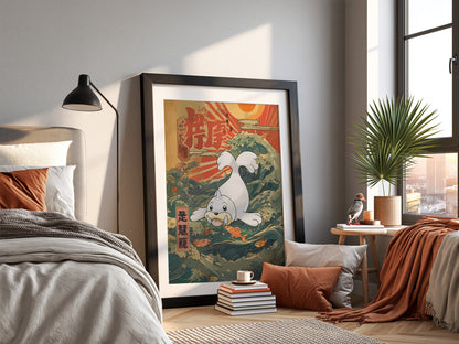 Seel poster with Japanese wave design in muted greens blues and reds featuring sun and fish