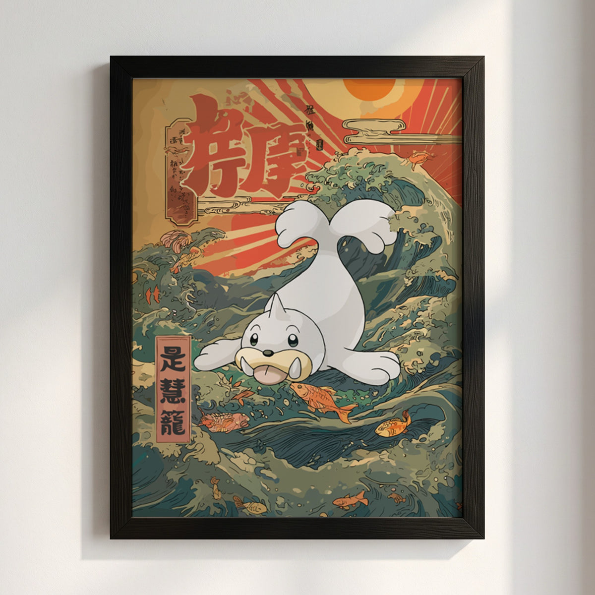 Seel poster with Japanese wave design in muted greens blues and reds featuring sun and fish