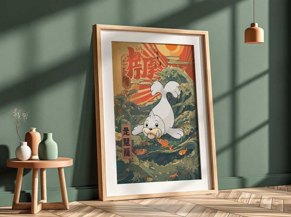 Seel poster with Japanese wave design in muted greens blues and reds featuring sun and fish