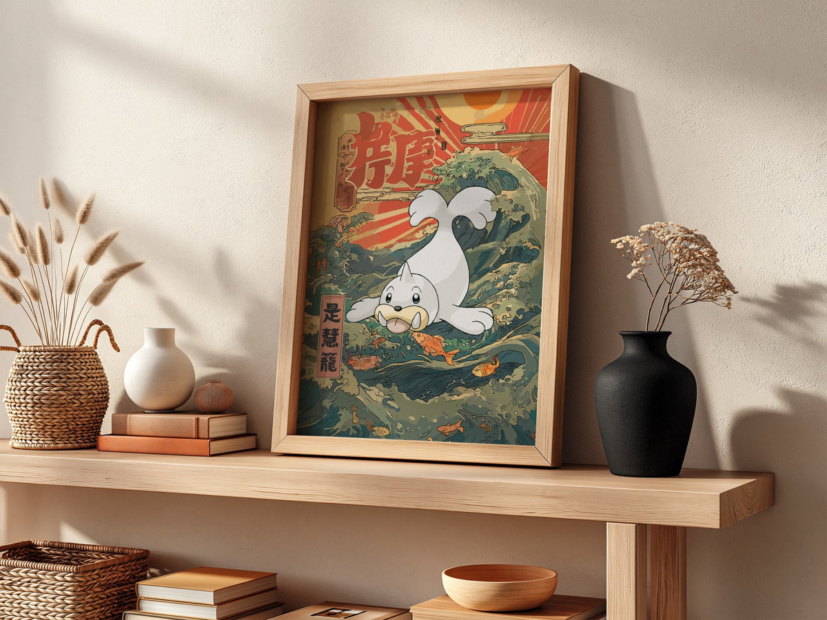 Seel poster with Japanese wave design in muted greens blues and reds featuring sun and fish