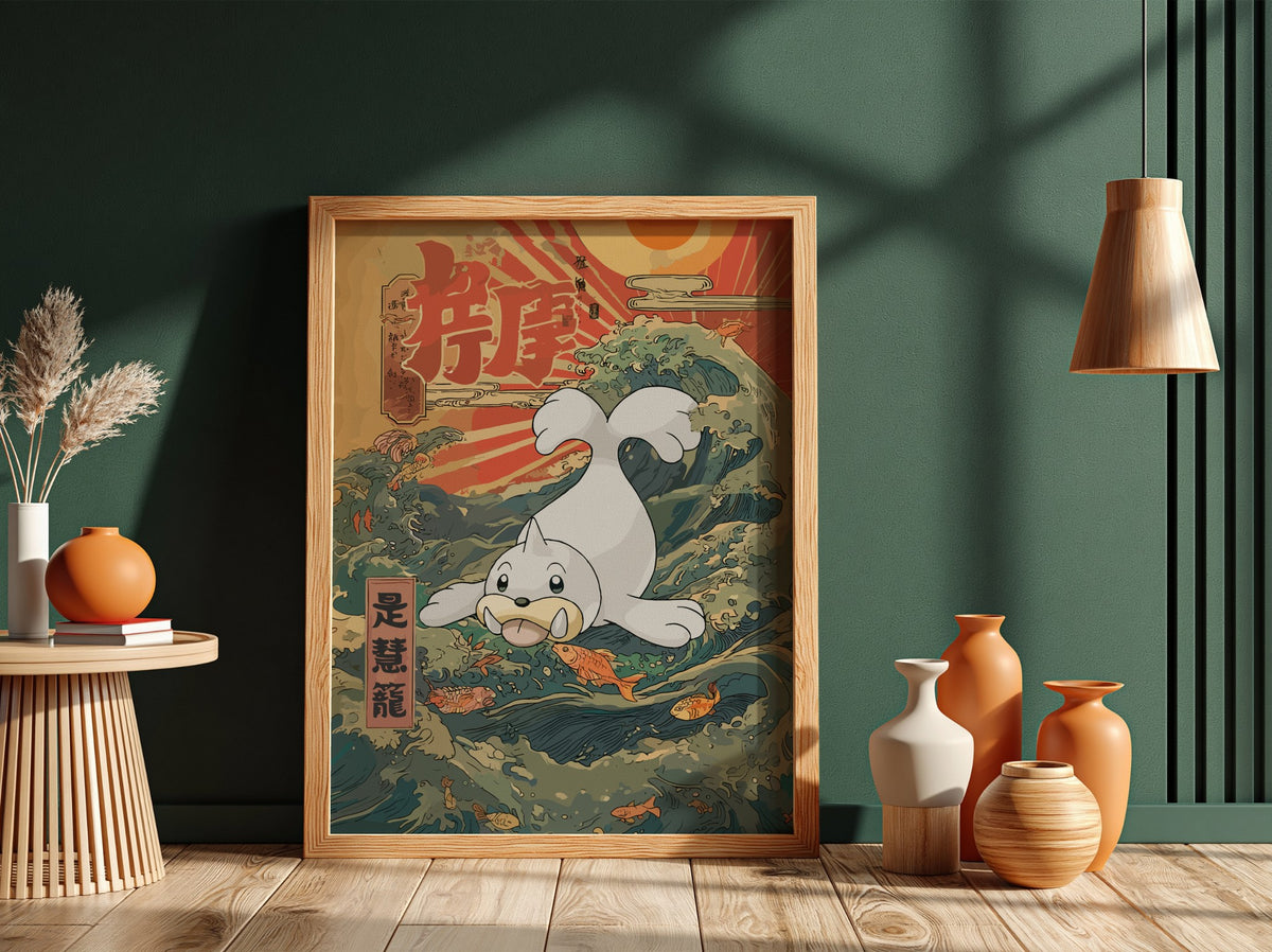Seel poster with Japanese wave design in muted greens blues and reds featuring sun and fish