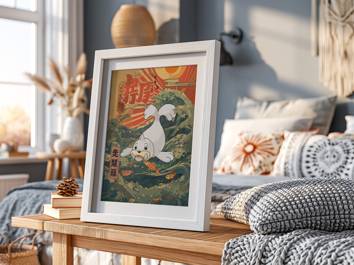 Seel poster with Japanese wave design in muted greens blues and reds featuring sun and fish