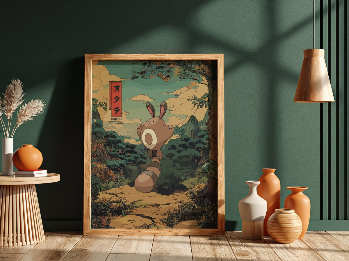 Sentret character poster in Japanese style with earthy forest background and warm muted colors