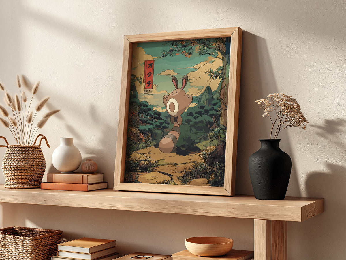 Sentret character poster in Japanese style with earthy forest background and warm muted colors
