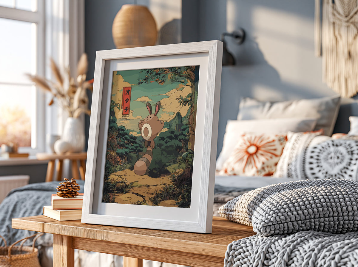 Sentret character poster in Japanese style with earthy forest background and warm muted colors